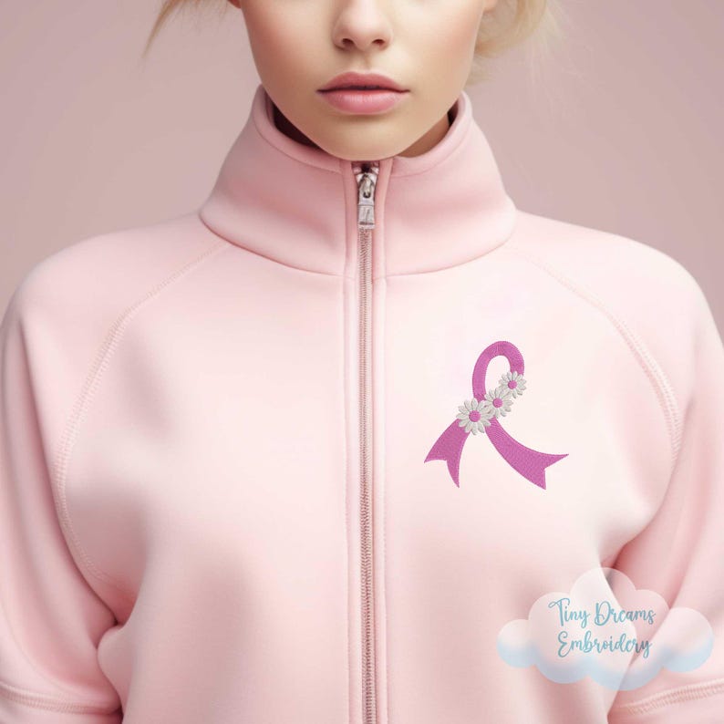 Pink Flower Ribbon Digital Machine Embroidery Design Breast Cancer Embroidery