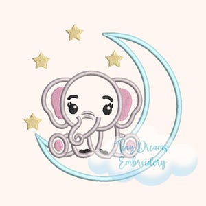 Cute Baby Elephant Digital Machine Embroidery Design Baby Animal Design Embroidery Moon Stars Design Nursery Baby Elephant Embroidery Stars
