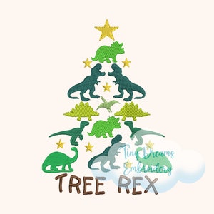 May include: Green dinosaur silhouettes form a Christmas tree shape with a gold star on top. The text "TREE REX" is below the tree.