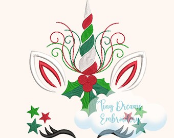 May include: Embroidered design of a Christmas unicorn with a red and green candy cane horn, holly leaves, and red berries. The unicorn has white ears with red outlines and black eyelashes. There are three stars in the bottom left corner, two green and one red.