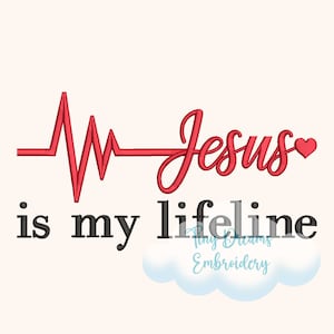 May include: Red heart beat line with the word "Jesus" in red cursive and the words "is my lifeline" in black below.