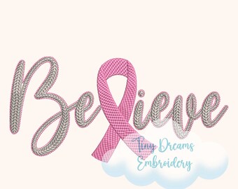 Believe Breast Cancer Awareness Embroidery Design: Pink Ribbon (Digital Download)