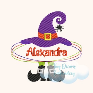 May include: Purple witch hat with a black spider, orange and yellow chevron band, and the name Alexandra in orange text.  The hat is sitting on top of two black witch boots with green tops.