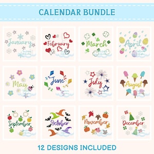 Calendar Embroidery Design Bundle: 12 Months, January to December, Yearly Machine Embroidery (Digital Download)