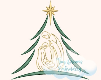 May include: An embroidered Christmas tree design featuring a gold star at the top and a Nativity scene within. The tree is green, and the figures are outlined in gold. The text "Tiny Dreams Embroidery" is visible.