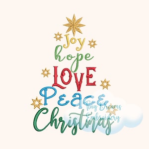 May include: A Christmas tree design with the words "Joy, hope, LOVE, Peace, Christmas" in colorful script. Gold stars and a gold starburst top the tree. The design is on a cream-colored background.