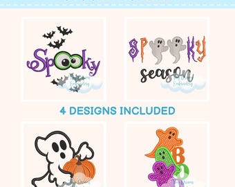 Spooky Halloween Embroidery 4 Designs: Ghost, Bat, Pumpkin (Digital Download)