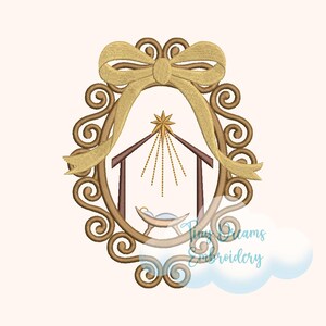 May include: An embroidered design featuring a nativity scene within an oval frame. The frame is adorned with decorative swirls and a gold bow at the top. The scene includes a star, a manger, and a stable, all in shades of brown and gold.