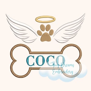 May include: Embroidered design of a dog paw print with angel wings and a halo above it. The name "Coco" is written on a brown bone.