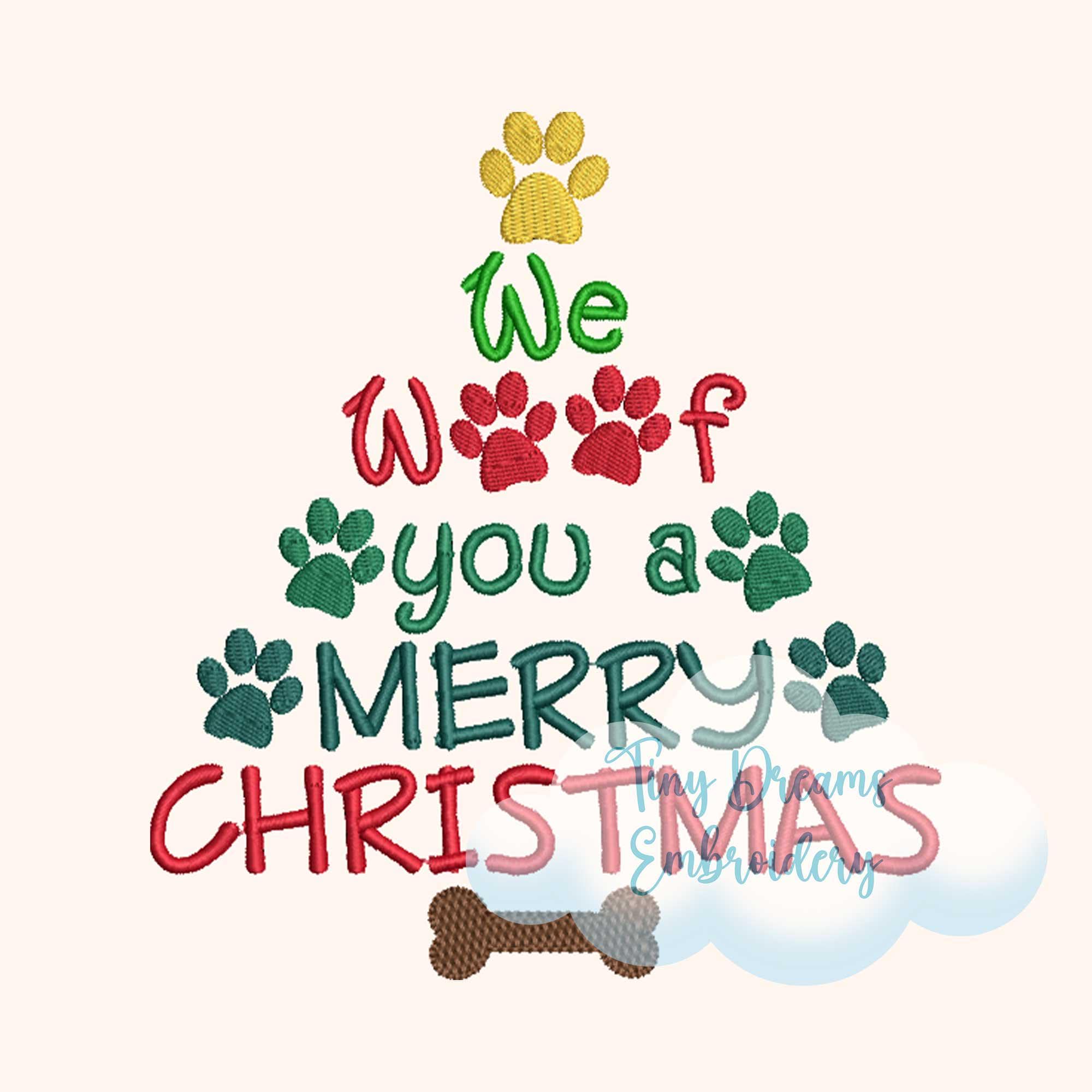 dog christmas tree embroidery design: paw print woof christmas