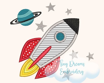 Rocket Applique Embroidery Design: Space Shuttle, Planet, Stars (Digital Download)