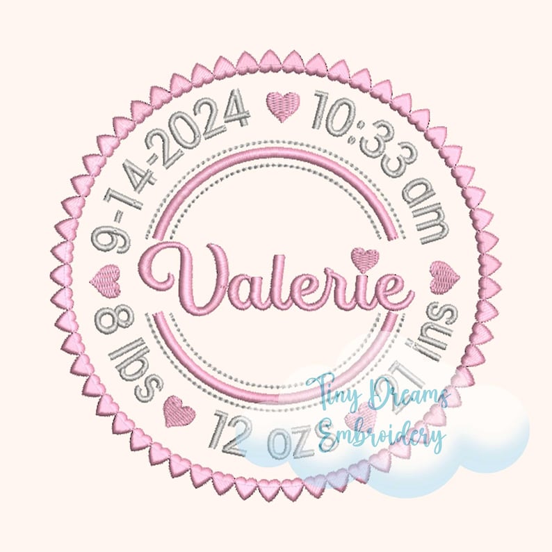 Heart Circle Birth Announcement Digital Machine Embroidery Design Baby Girl