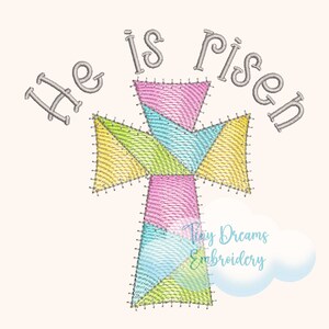 May include: He is risen embroidery design featuring a colorful patchwork cross with a gray text overlay. The design is perfect for Easter crafts and projects.