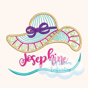 May include: Embroidered design of a large, yellow sun hat with a purple bow and the name Josephine in pink script. The design includes a blue wave and the text "Tiny Dreams Embroidery".