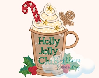Holly Jolly Christmas Coffee Cup Embroidery Design: Mistletoe, Gingerbread (Digital Download)