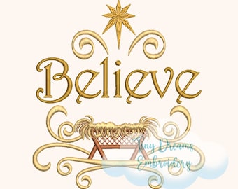 May include: Gold embroidery design featuring the word "Believe" with a star and a manger. The design is perfect for Christmas crafts and projects.