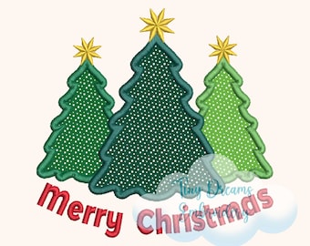 May include: An applique design featuring three green Christmas trees with white polka dots and gold stars on top. The trees are arranged in a semi-circle with the text "merry Christmas" in red below them.