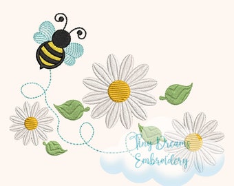 Gänseblümchen, Biene, Florale Blumen, Frühlingsbiene: Stickdatei (Digitaler Download)