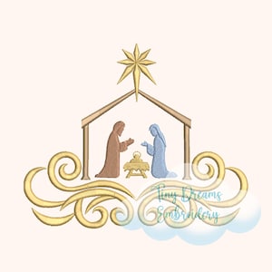 Diseño de bordado de remolino navideño de la Natividad, pesebre religioso con la estrella de Jesús (descarga digital)