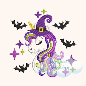 May include: A white unicorn with a purple, green, and yellow mane and tail wearing a purple witch hat with a gold buckle. The unicorn has closed eyes and a small horn. There are four black bats and five stars in the background.