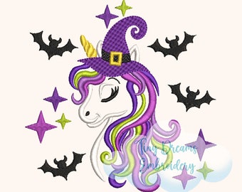 Cute Halloween Unicorn Digital Machine Embroidery Design Halloween Bat Design Embroidery Girl Unicorn Embroidery Design Magiccal Star Design