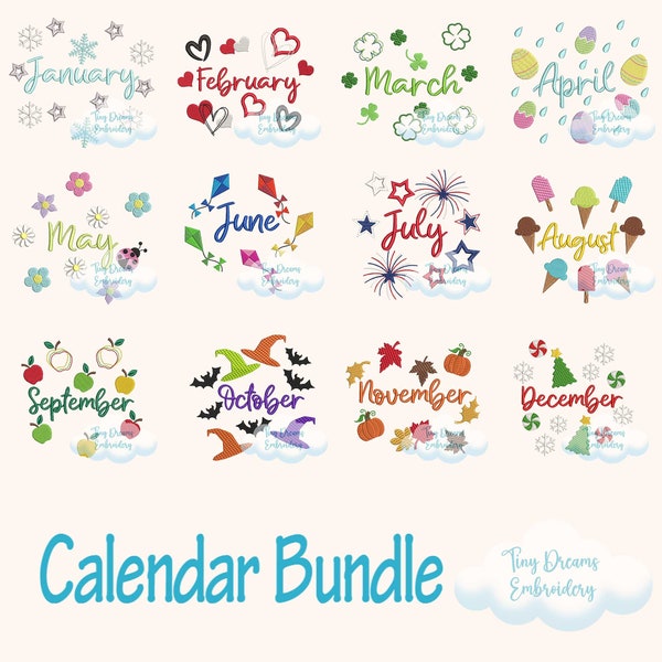 Calendar Bundle Digital Machine Embroidery Design Month Embroidery Design January February Design Embroidery March June December Embroidery