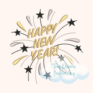May include: Gold and black embroidery design of fireworks with the text "Happy New Year!"