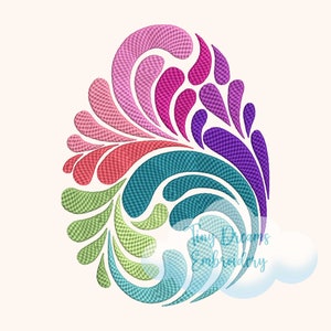May include: A colorful swirl design with pink, red, green, blue, and purple colors. The design is made up of multiple swirls and curves.