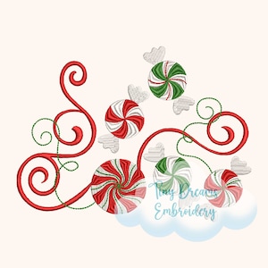 May include: Red and green peppermint candy swirls with white centers, surrounded by red and green curly vines. The text "Tiny Dreams Embroidery" is in the lower right corner.
