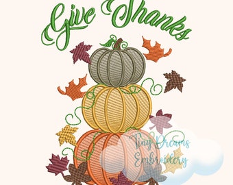 Diseño de bordado a máquina digital Give Thanks Diseño de bordado de calabaza de otoño Diseño de bordado de Acción de Gracias Bordado de hojas de otoño Gracias
