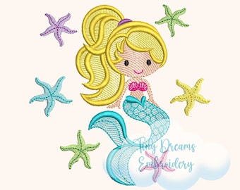 Mermaid & Starfish Embroidery Design: Summer Beach Girl (Digital Download)