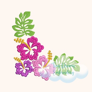 May include: Embroidered design featuring pink, purple, and white hibiscus flowers with green leaves. The design includes the text "Tiny Dreams Embroidery".