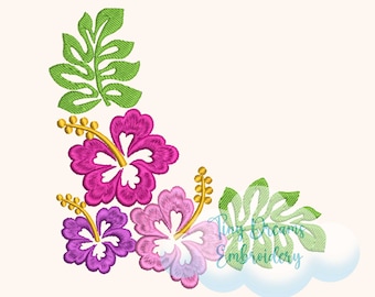 May include: Embroidered design featuring pink, purple, and white hibiscus flowers with green leaves. The design includes the text "Tiny Dreams Embroidery".