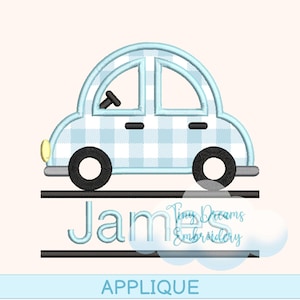 May include: A light blue car applique design with a gingham pattern. The car has black wheels, a steering wheel, and a yellow headlight. The name "Jam" is embroidered below the car, with the word "APPLIQUE" at the bottom.