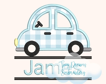 May include: A light blue car applique design with a gingham pattern. The car has black wheels, a steering wheel, and a yellow headlight. The name "Jam" is embroidered below the car, with the word "APPLIQUE" at the bottom.