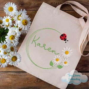 Floral Ladybug Digital Machine Embroidery Design Custom Monogram Daisy