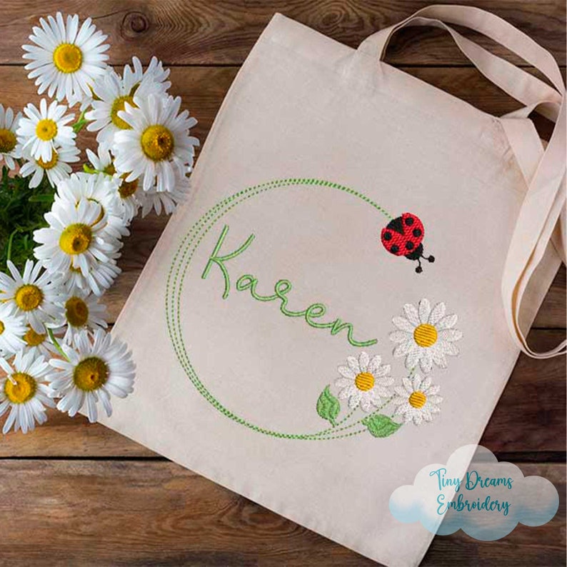 Floral Ladybug Digital Machine Embroidery Design Custom Monogram Daisy
