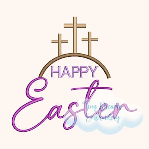 May include: Purple cursive text that says "Happy Easter" with three brown crosses above the text. The crosses are on top of a brown arch.