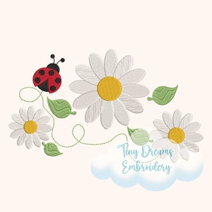 Ladybug Digital Machine Embroidery Design Daisies Design Embroidery Spring Floral Embroidery Design Flower Daisy Embroidery Ladybug Design