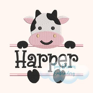 May include: An embroidered design featuring a cartoon cow with a black and white head, pink muzzle, and black hooves. The name "Harper" is embroidered in black letters below the cow. The design includes a pink horizontal bar and a cloud.