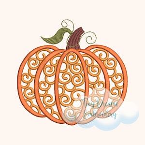 May include: An orange pumpkin with a swirl design. The pumpkin has a green leaf and a brown stem.