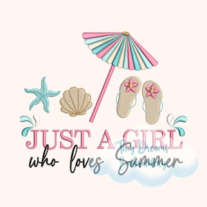 Mädchen liebt Sommer Stickdatei: Flip Flops, Muscheln (Digital)