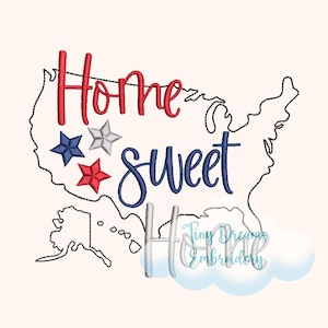 Diseño de bordado a máquina digital "Hogar, dulce hogar" de EE. UU. Diseño de bordado de estrella americana Diseño de bordado de mapa de Estados Unidos Bordado casero
