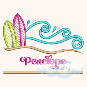 Surf Beach Digital Machine Embroidery Design Custom Monogram Summer Surfboard Personalized Name Embroidery Design Beach Wave Monogram Design