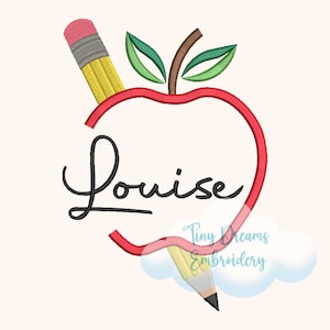 Pode incluir: Contorno de maçã vermelha com um lápis amarelo saindo do topo. A palavra "Louise" está escrita dentro do contorno da maçã.