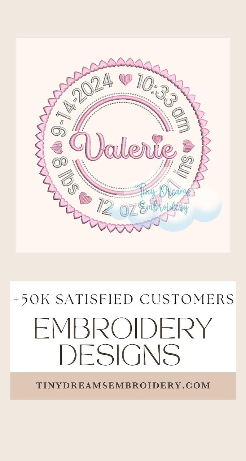 Heart Circle Birth Announcement Digital Machine Embroidery Design Baby Girl