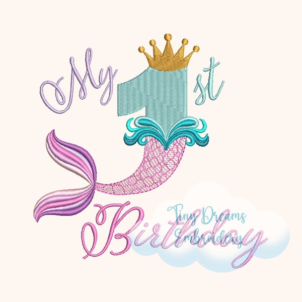 Mermaid Tail Digital Machine Embroidery Design 1st Birthday Embroidery Design Princess Crown Embroidery Design Baby Girl Embroidery Design