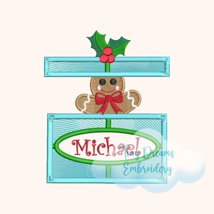May include: A blue and green Christmas-themed embroidery design featuring a gingerbread man with a red bow and the name "Michael" in a green oval.