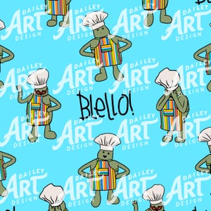 以下が含まれることがあります： 水色の背景に、漫画のシェフが繰り返し描かれたパターン。各シェフは白い帽子とカラフルなストライプのエプロンを着用しています。「Blello!」というテキストは黒い筆記体で書かれています。「DAILEY ART DESIGN」という言葉も繰り返されています。