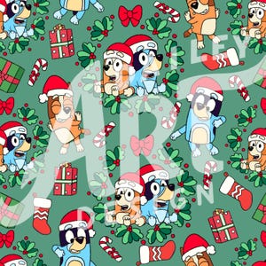 May include: A repeating pattern featuring cartoon dogs in Santa hats, candy canes, gift boxes, bows, and holly sprigs on a green background. The dogs are in various poses, creating a festive holiday design.